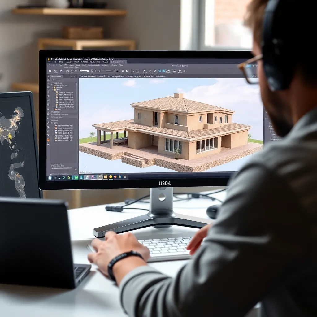 Diseñador 3D trabajando en el modelado y texturizado de un proyecto arquitectónico con influencias mediterráneas