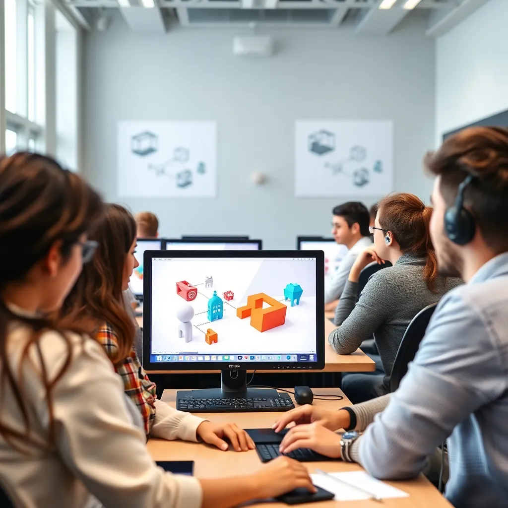 Diseñador trabajando en composición espacial 3D con elementos arquitectónicos