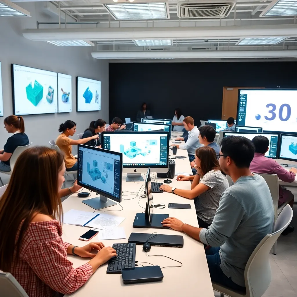 Estudiantes trabajando en laboratorio de diseño 3D en universidad española