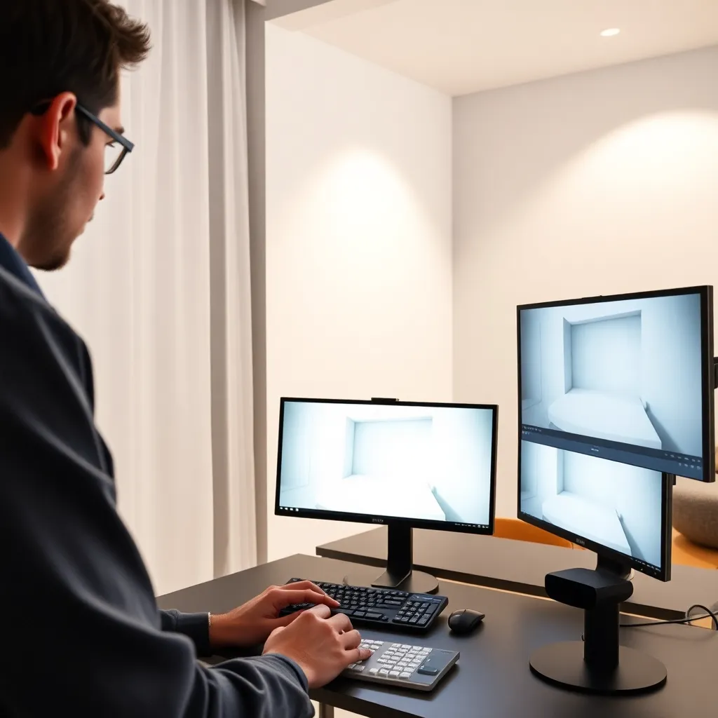 Diseñador trabajando en composición espacial para entorno 3D