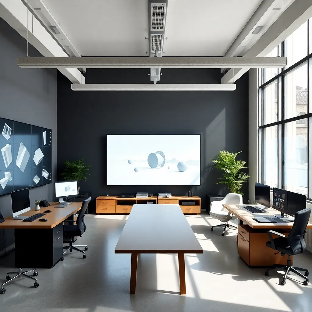 Estudio de diseño moderno con modelado 3D en pantallas y maquetas