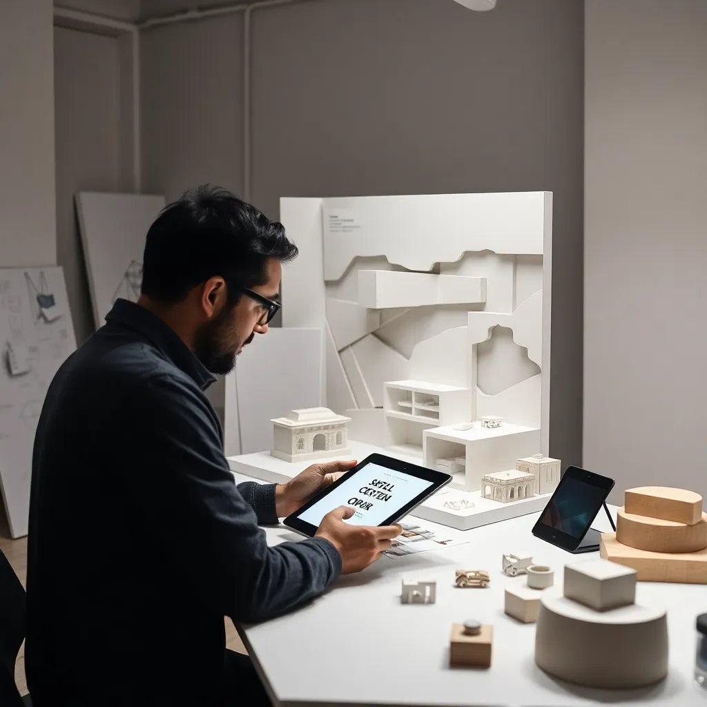 Diseñador trabajando en composición espacial 3D con elementos arquitectónicos