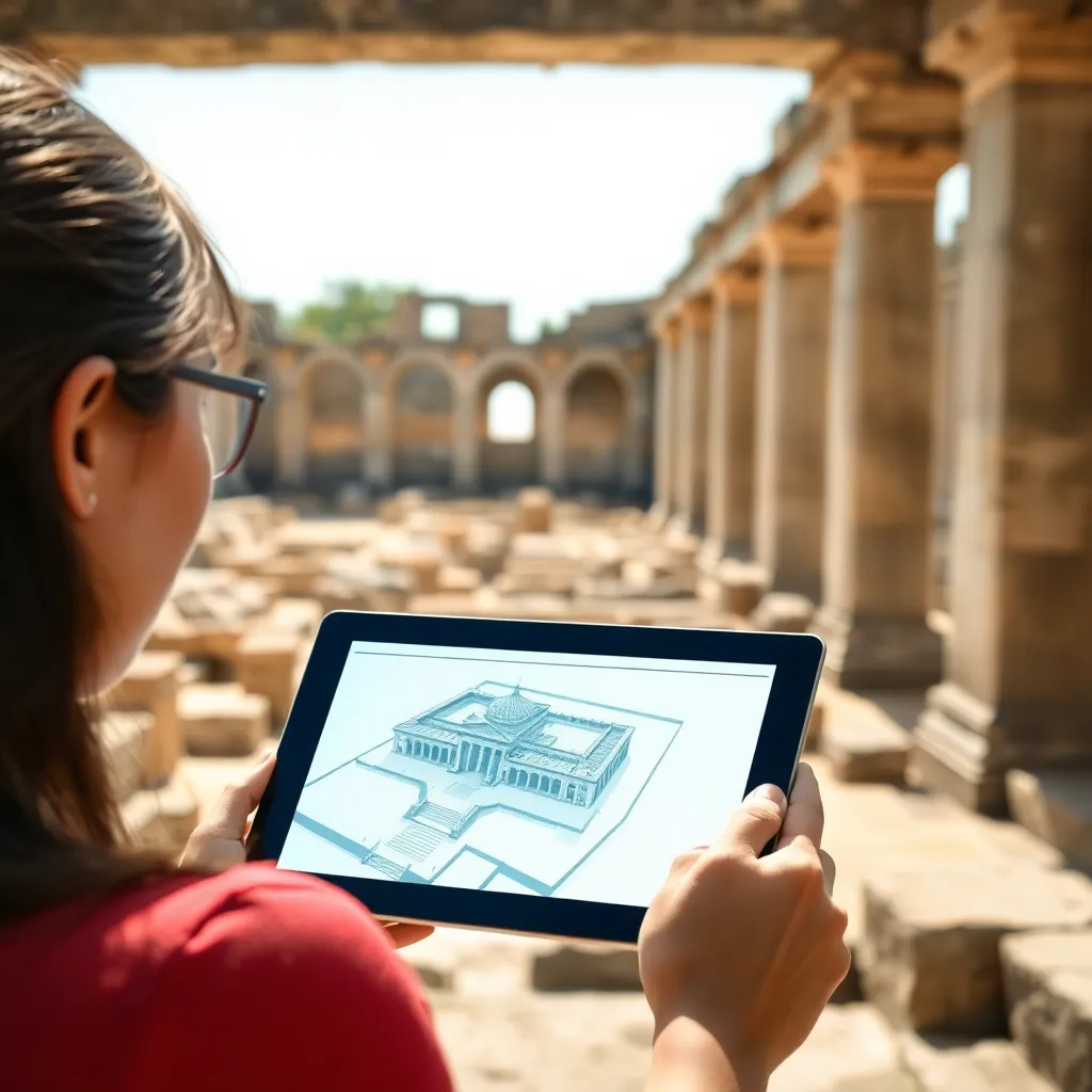 Visitante usando aplicación de realidad aumentada para visualizar monumento histórico reconstruido en 3D